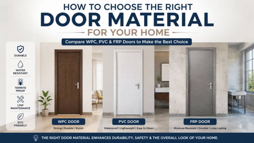 How to choose the right door material for your home comparing WPC Door, PVC Door, and FRP Door based on durability, water resistance, and maintenance.