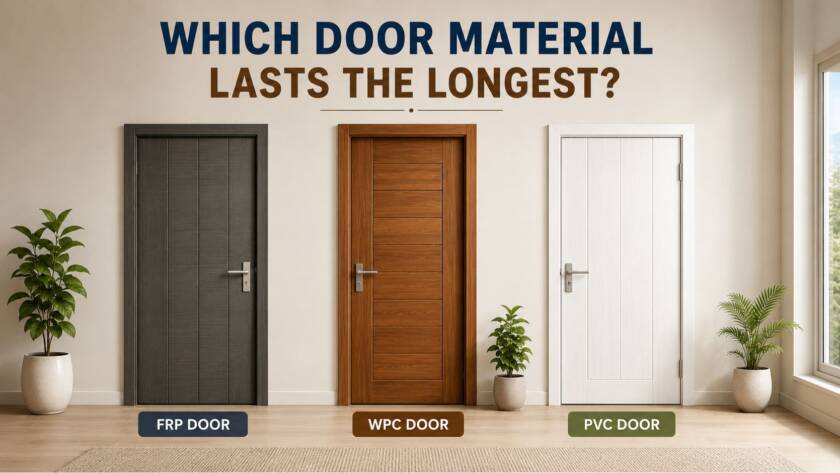 Illustration comparing FRP Door, WPC Door, and PVC Door to help homeowners choose the longest-lasting door material for their property.