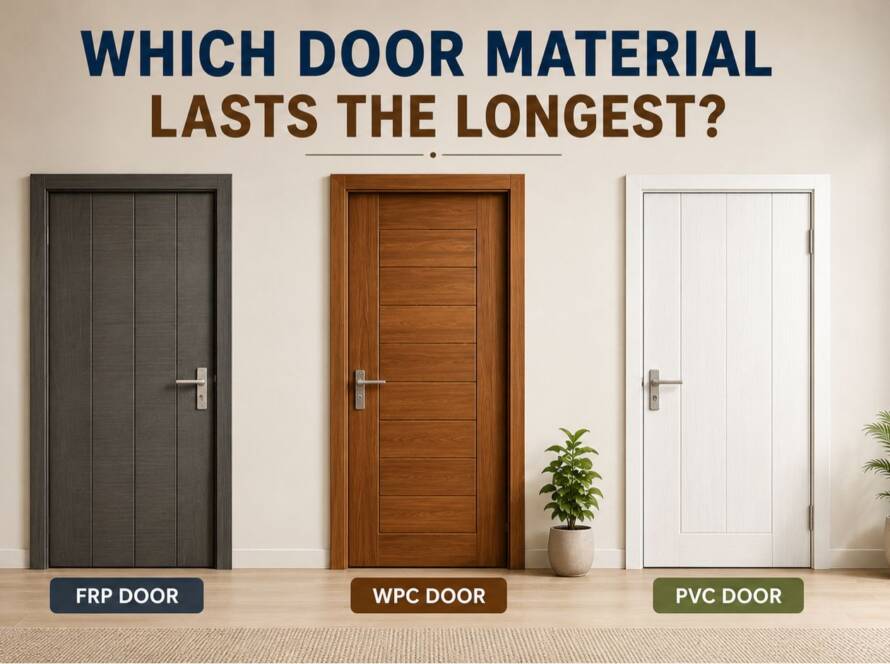 Illustration comparing FRP Door, WPC Door, and PVC Door to help homeowners choose the longest-lasting door material for their property.