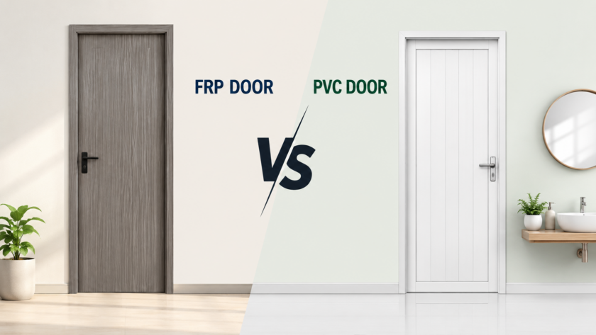 FRP Door vs PVC Door comparison showing modern door designs for homes and bathrooms in Gujarat, India.