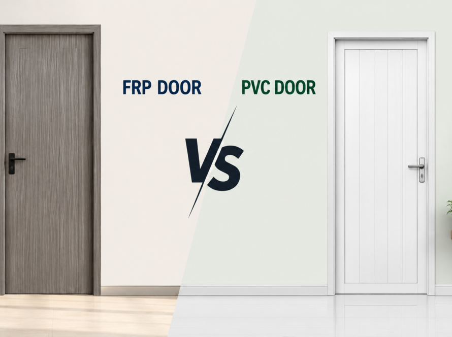FRP Door vs PVC Door comparison showing modern door designs for homes and bathrooms in Gujarat, India.