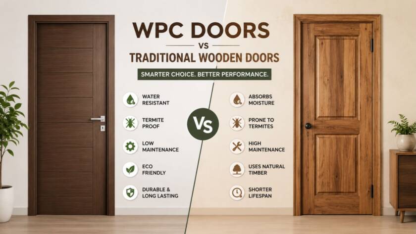 WPC Doors vs traditional wooden doors comparison showing durability, termite resistance, and waterproof benefits.