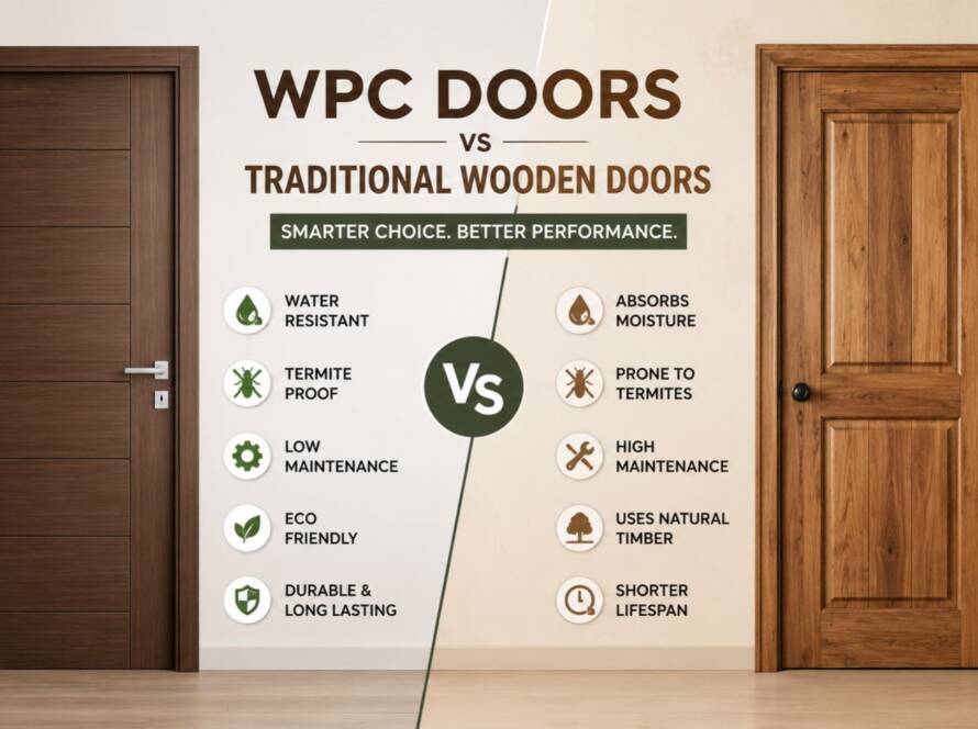 WPC Doors vs traditional wooden doors comparison showing durability, termite resistance, and waterproof benefits.