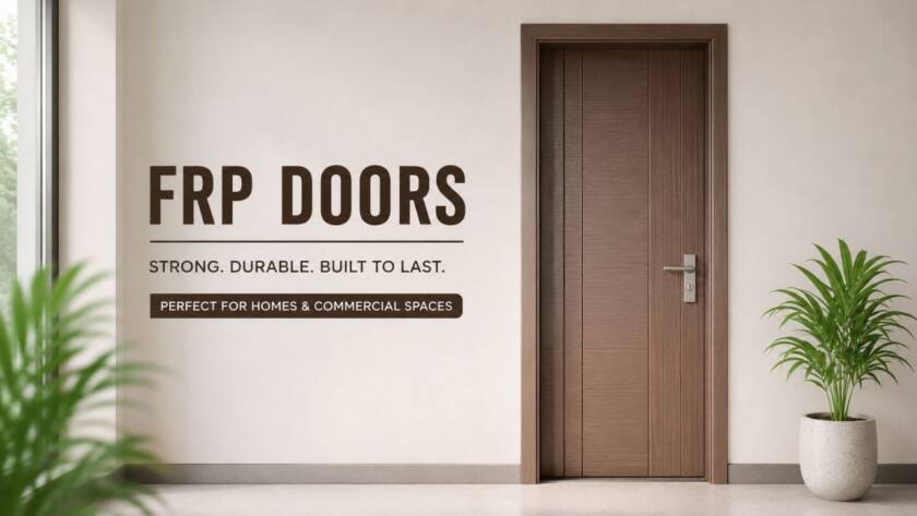 Modern wood-finish FRP door for residential and commercial buildings in Gujarat by Umiya Poly Product.