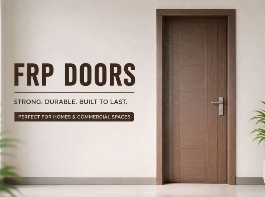 Modern wood-finish FRP door for residential and commercial buildings in Gujarat by Umiya Poly Product.