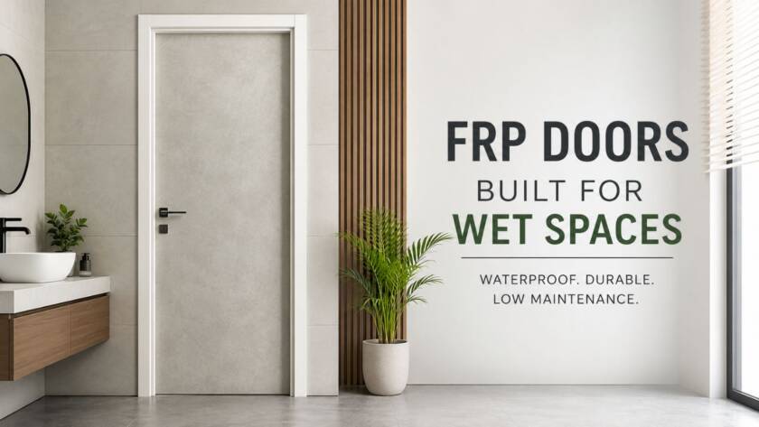 Premium FRP doors installed in a modern bathroom, showcasing a waterproof, durable, and low-maintenance door solution for homes and commercial buildings in Gujarat by Umiya Poly Product.