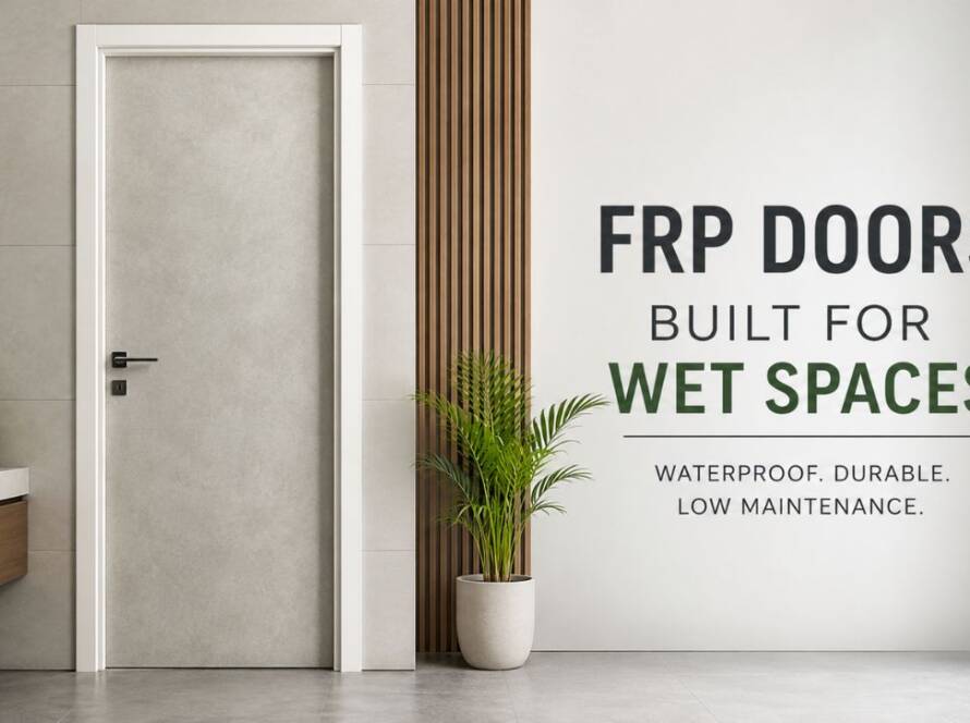 Premium FRP doors installed in a modern bathroom, showcasing a waterproof, durable, and low-maintenance door solution for homes and commercial buildings in Gujarat by Umiya Poly Product.
