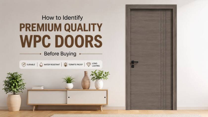 Premium quality WPC door with modern wood finish showcasing key features like durability, water resistance, and termite resistance for homes in Gujarat by Umiya Poly Product.