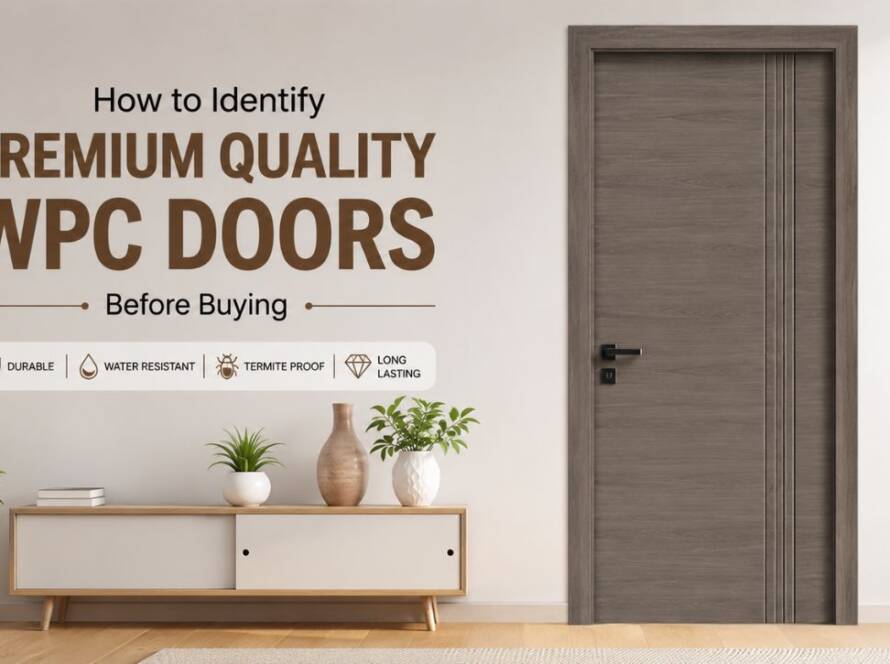 Premium quality WPC door with modern wood finish showcasing key features like durability, water resistance, and termite resistance for homes in Gujarat by Umiya Poly Product.
