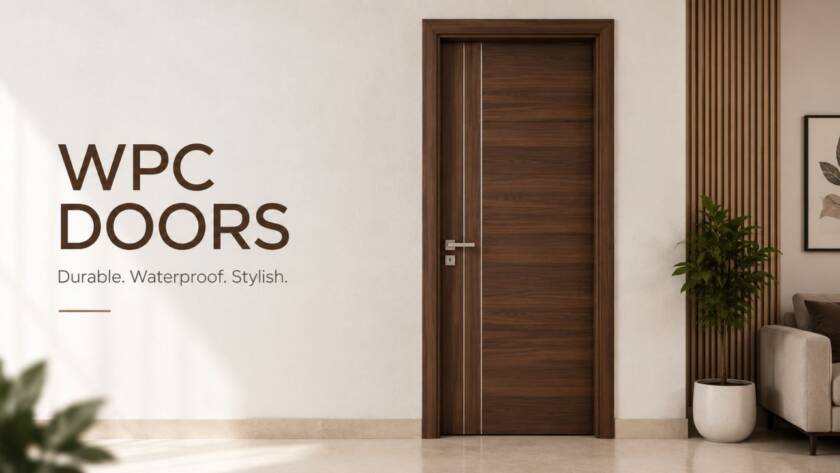Premium WPC doors with a modern wood finish installed in a stylish home interior by Umiya Poly Product.