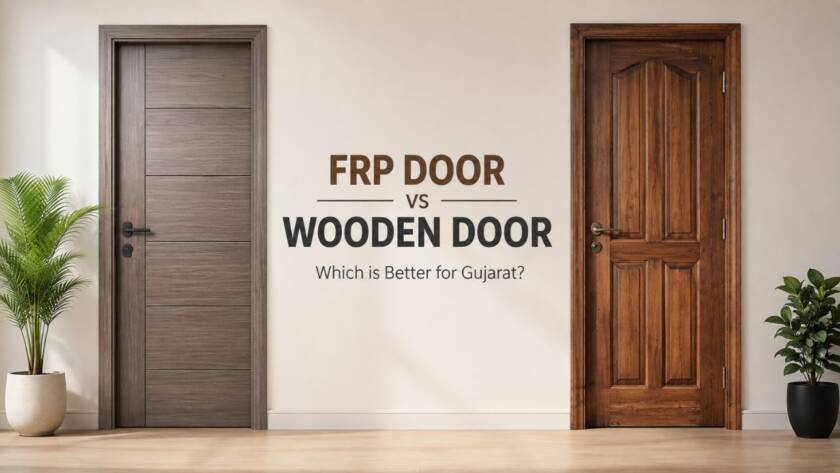 FRP Door vs Wooden Door comparison showing modern FRP door and traditional wooden door for homes and commercial buildings in Gujarat