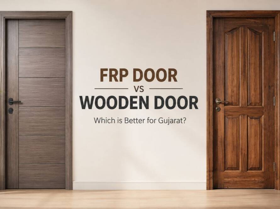 FRP Door vs Wooden Door comparison showing modern FRP door and traditional wooden door for homes and commercial buildings in Gujarat