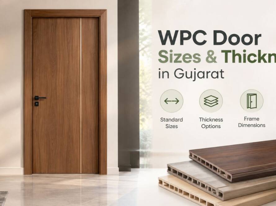 WPC wooden finish door with door panel thickness samples for residential interiors in Gujarat.